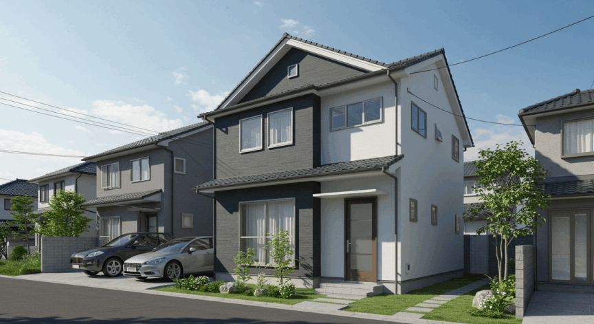 外壁にダークグレーとホワイトのツートンカラーを使用した家の外観画像