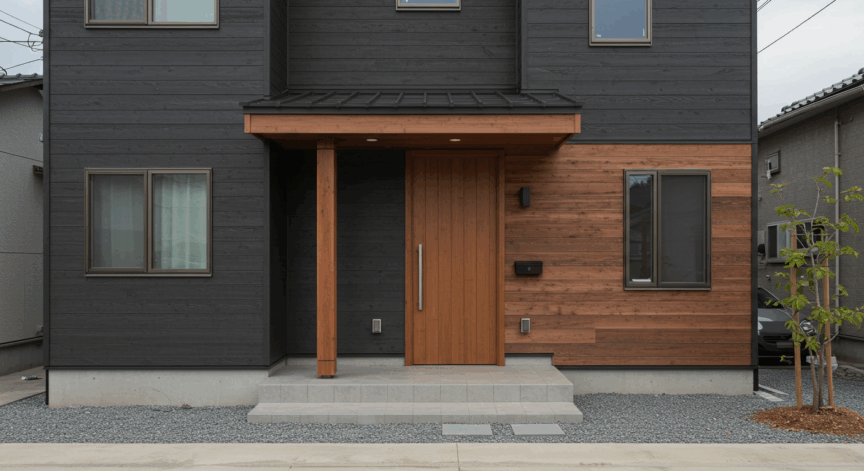 ダークグレーの外壁に木目調を使用した家の画像