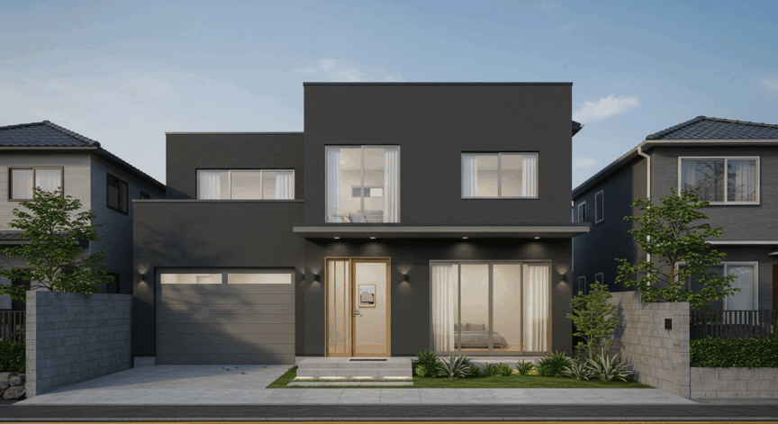 シンプルモダンな住宅にダークグレーを使用した家の画像