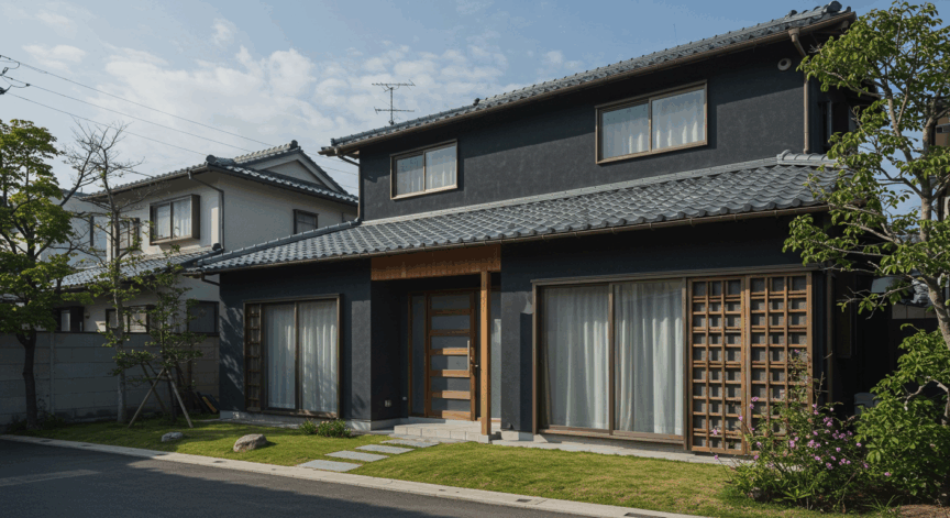 和モダンな住宅にダークグレーを使用した家の画像