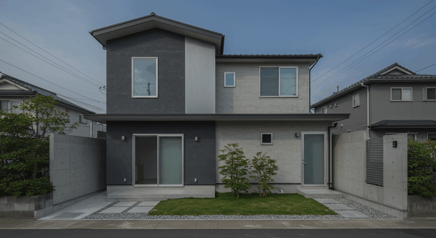 金属質の外壁材（ガルバリウム鋼板など）とダークグレーを組み合わせた家の外観画像