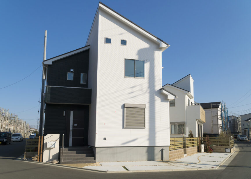 外壁の色を縦に分けた家の写真