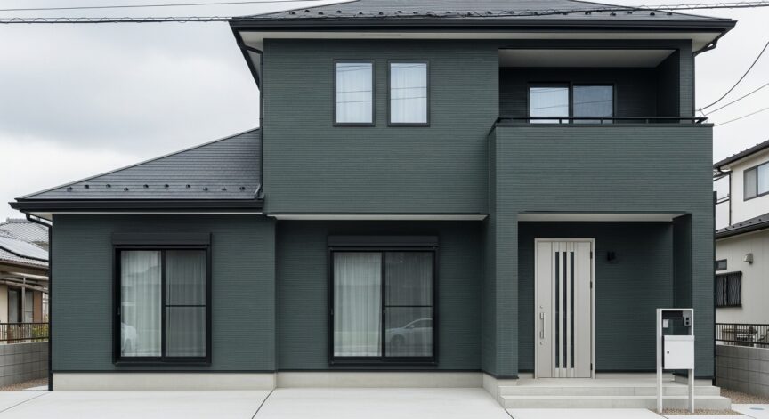 濃いトーンのグリーングレーを外壁に使用した家の写真
