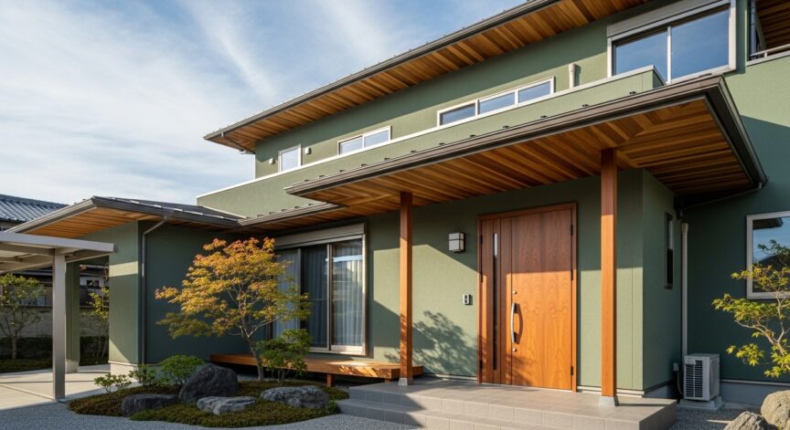 グリーングレーの外壁に玄関ドアや軒天に木目を使用した家の写真