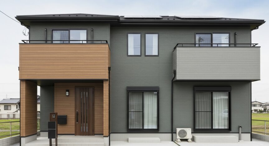 グリーングレーの外壁に木目を組み合わせた家の写真