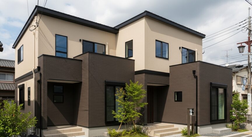 外壁のメインにブラウンを使用し、アクセントカラーにベージュを使用した家の写真