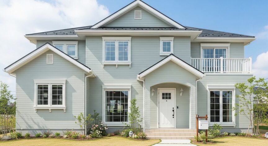 淡いトーンのグリーングレーを外壁に使用した家の写真