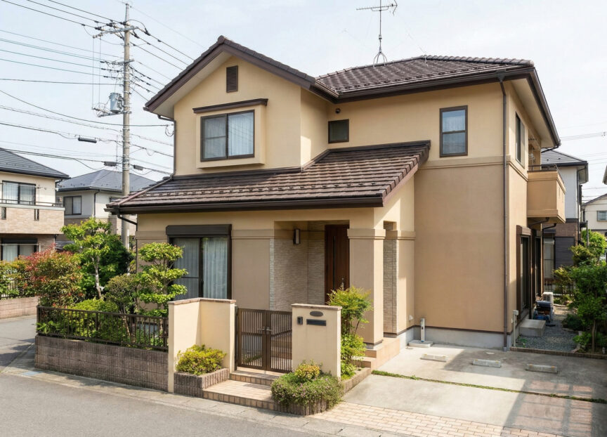 ベージュの外壁にブラウンの屋根を使用した家の写真