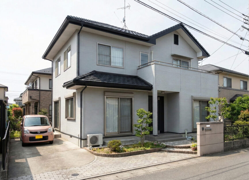 グレーの外壁にブラックの屋根を使用した家の写真