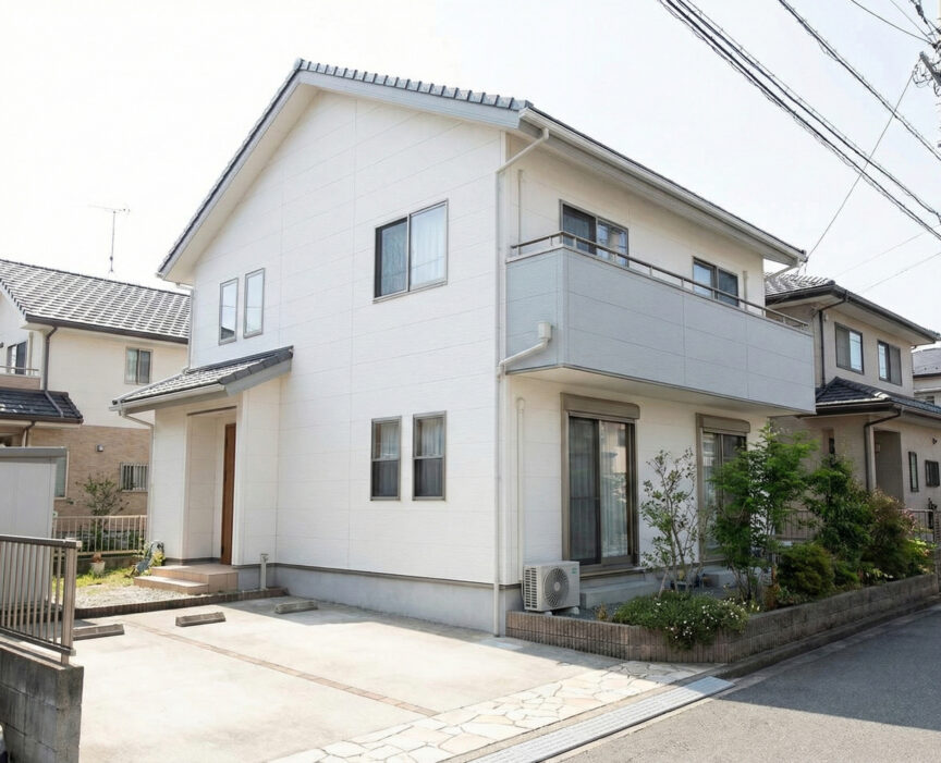 ホワイトの外壁にグレーの屋根を使用した家の写真