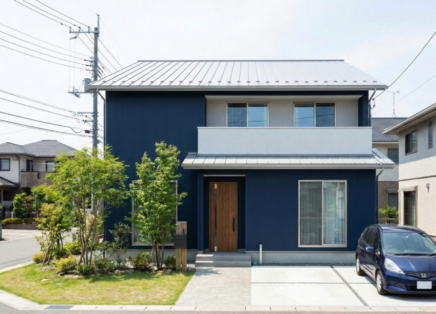 ネイビーの外壁にシルバーの屋根を使用した家の写真