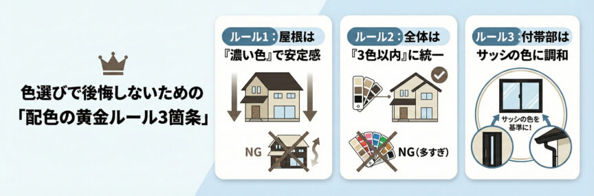 色選びで後悔しないための「配色の黄金ルール3箇条」を表すイラスト図