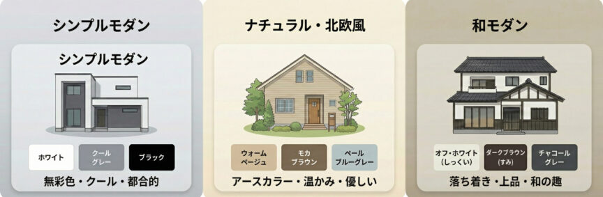 【スタイル別】おしゃれな家の配色パターン集を表すイラスト図