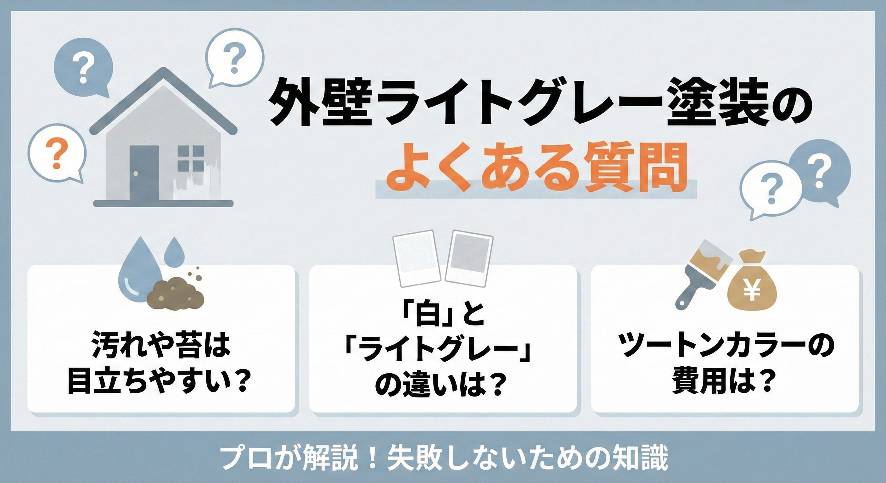 外壁ライトグレー塗装のよくある質問を表したイラスト