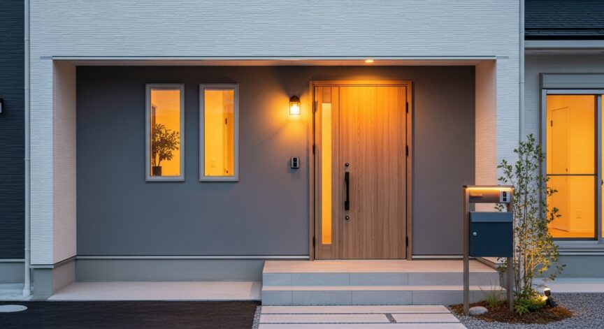 ライトグレーの外壁に木目調のドアを使用した家の写真