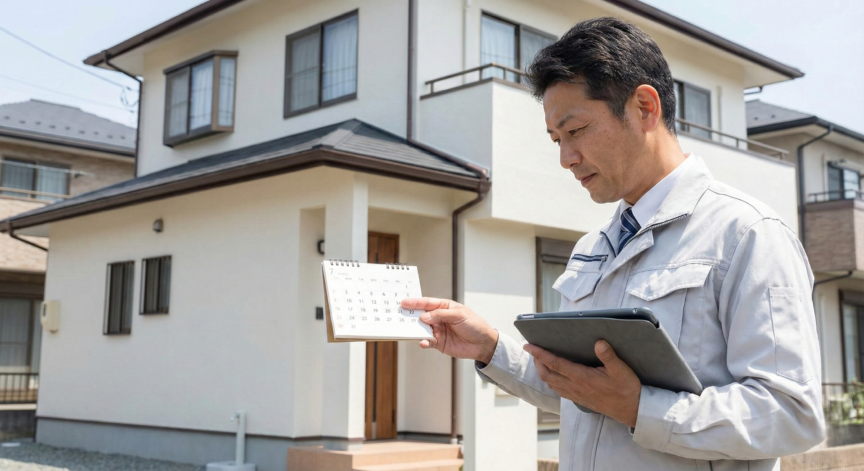 外壁を点検しながら日程を確認する様子の男性