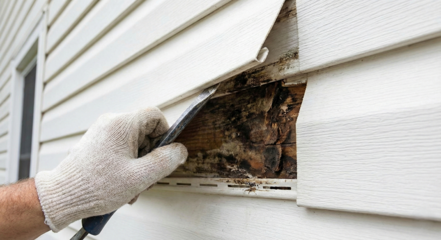 外壁の下が内部腐食している様子の写真