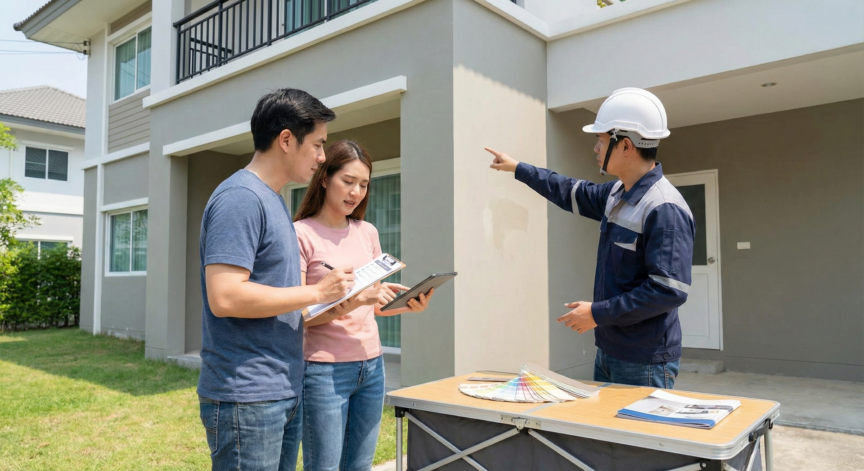 塗装業者に質問している様子の写真