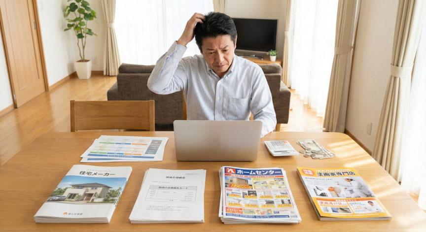 外壁塗装をどこに頼むか悩む男性の写真