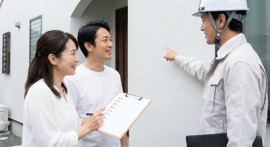 外壁塗装業者と夫婦が笑顔で話しする様子