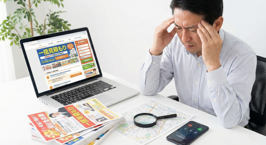 一括見積サイトを見ながら頭を抱える男性の写真